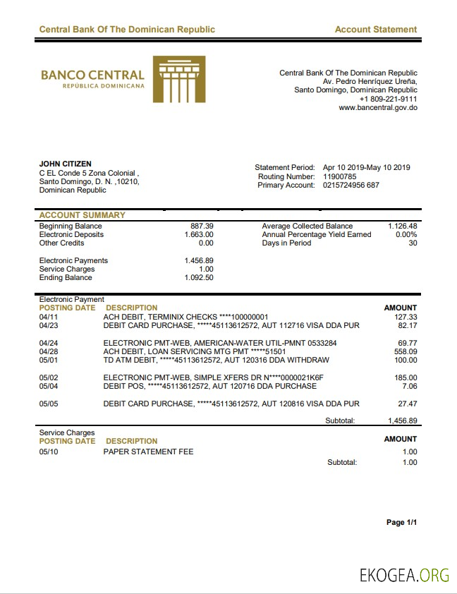 Relevé bancaire de la Banque centrale de la République dominicaine de la République dominicaine